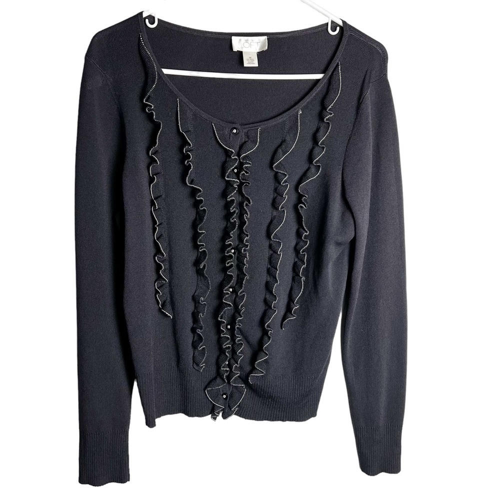 Ann Taylor Loft - Black Tuxedo Ruffle Cardigan -‎ Sz. M